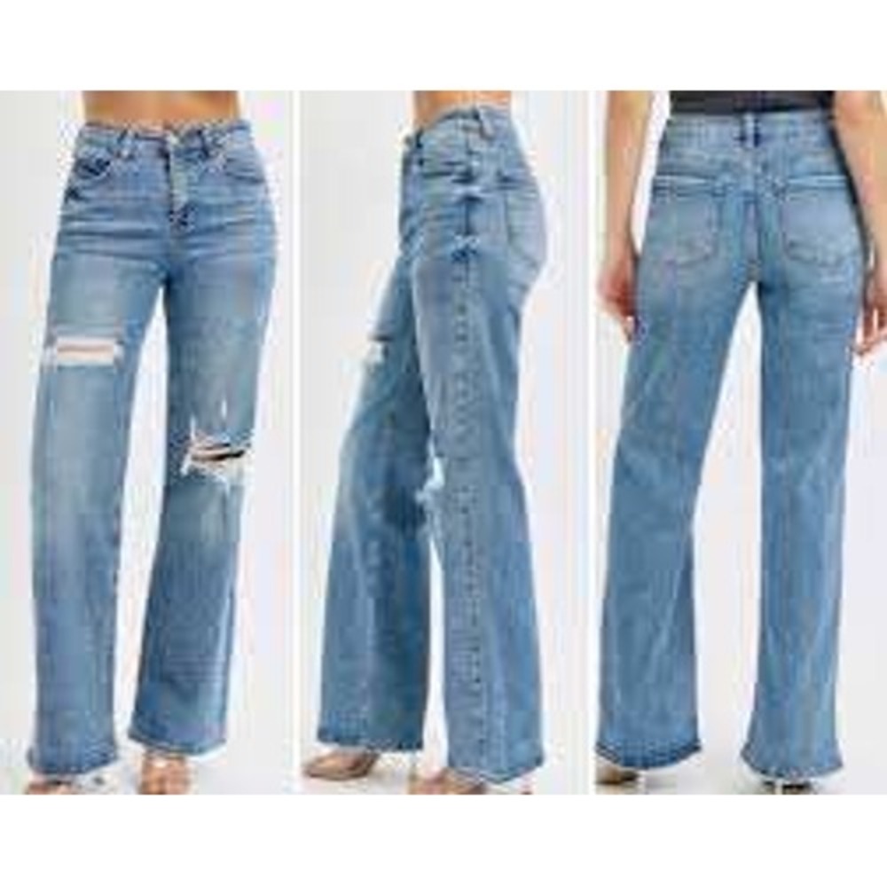 Risen Jeans Womens 28 Medium Wash High Rise Wide Leg Distressed Ripped